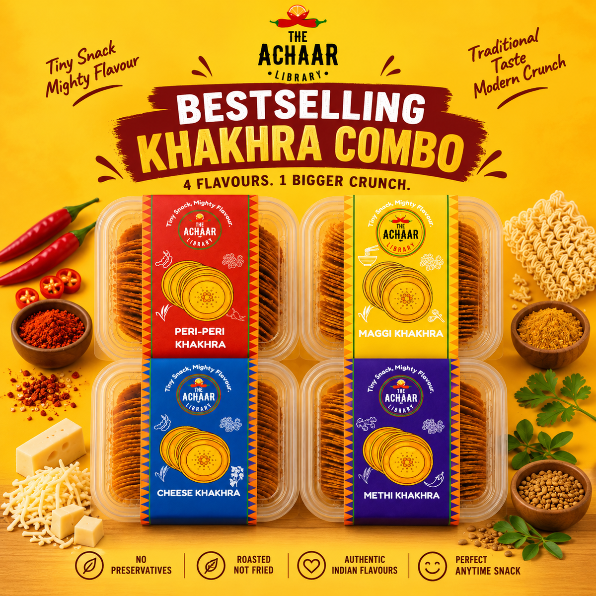 Bestselling Khakhra Combo (Peri-Peri, Cheese, Maggi, Methi)