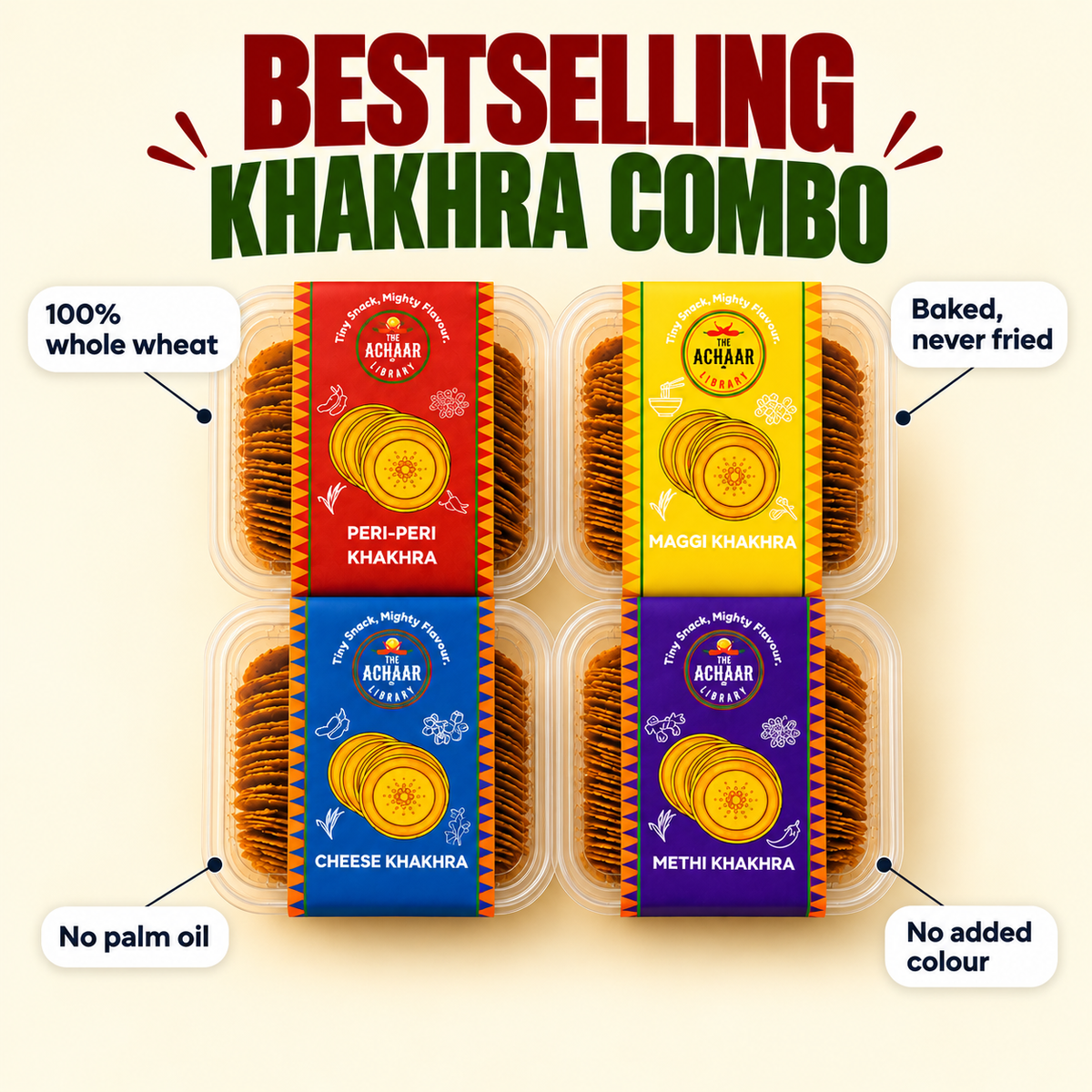 Bestselling Khakhra Combo (Peri-Peri, Cheese, Maggi, Methi)
