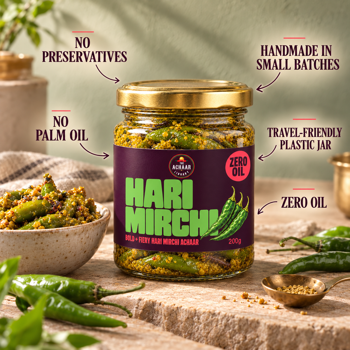 Hari Mirchi Ka Achaar without Oil - Mirch ka Achaar